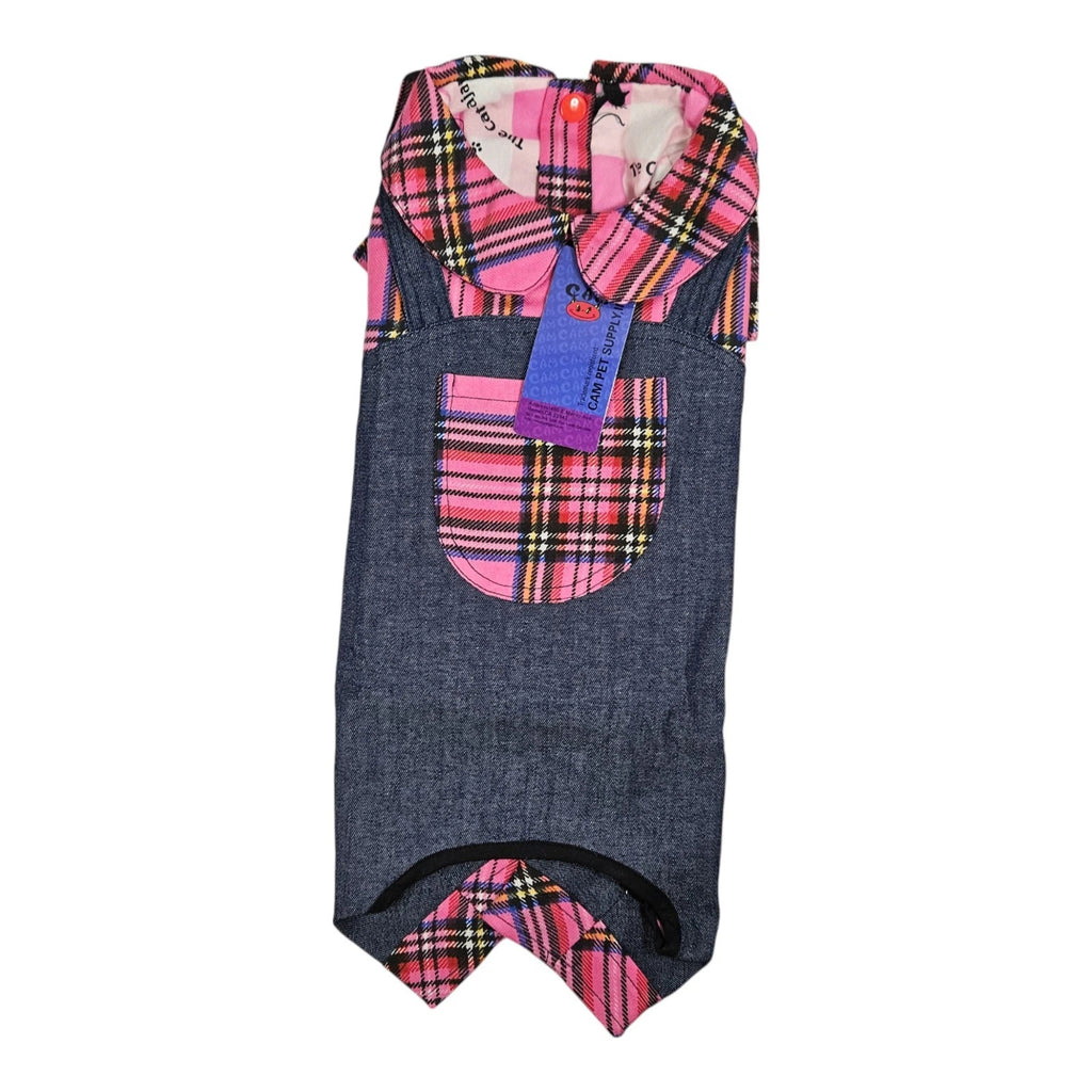 14 Inch Adult Dog Pink Plaid Paneled Denim Overalls