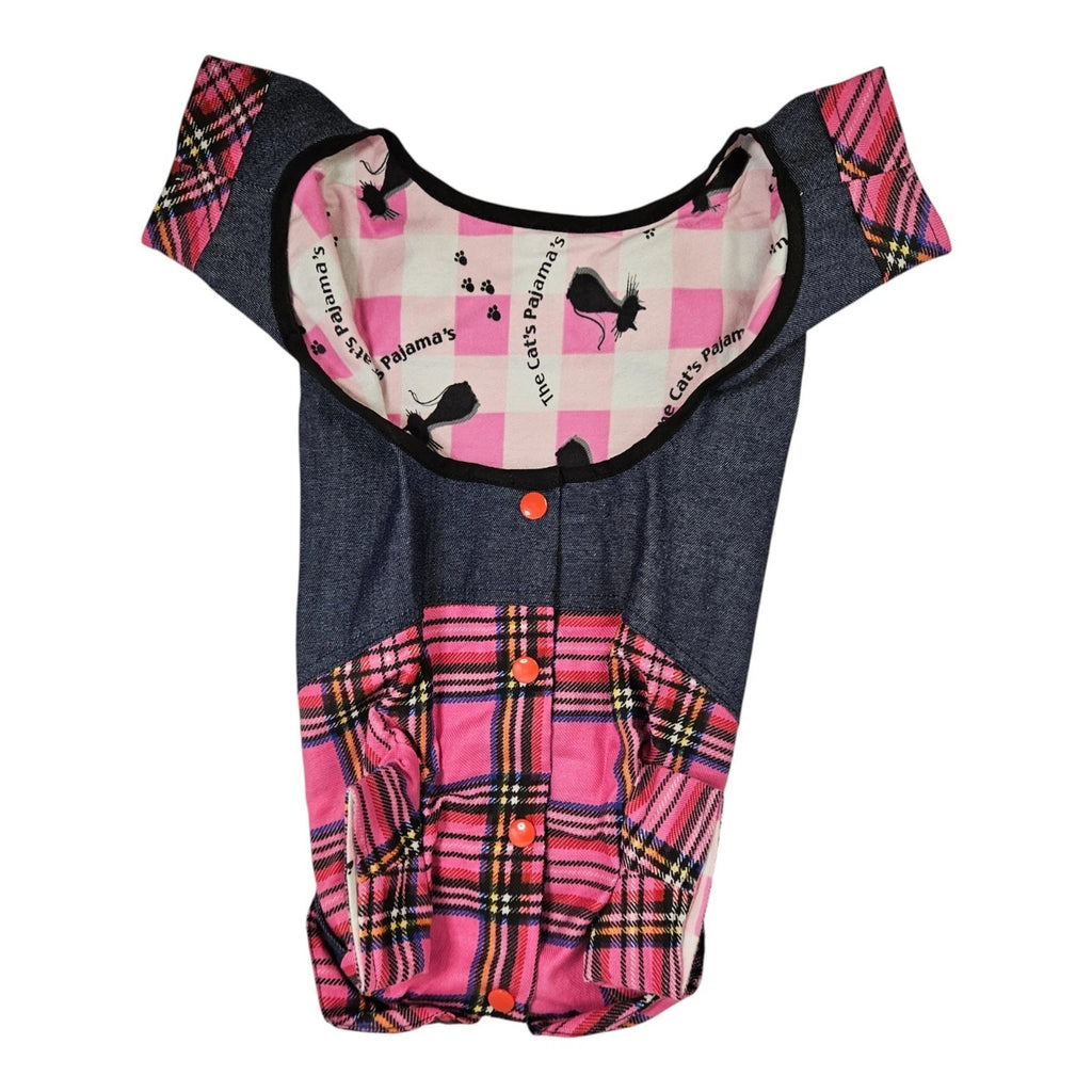 14 Inch Adult Dog Pink Plaid Paneled Denim Overalls