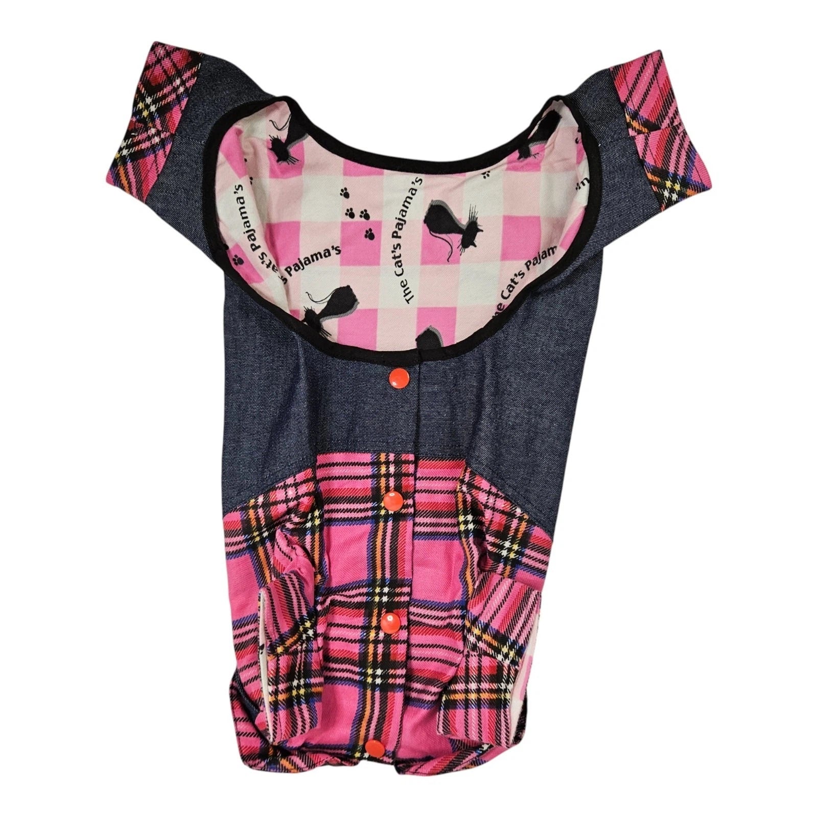 14 Inch Adult Dog Pink Plaid Paneled Denim Overalls
